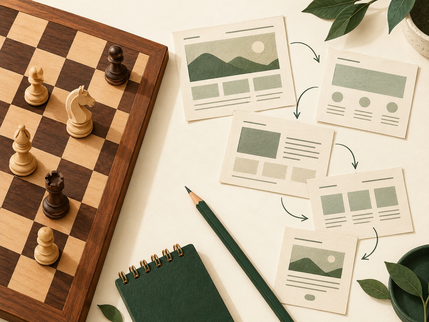 Original illustration pairing a wooden chessboard with paper website wireframes and a green pencil