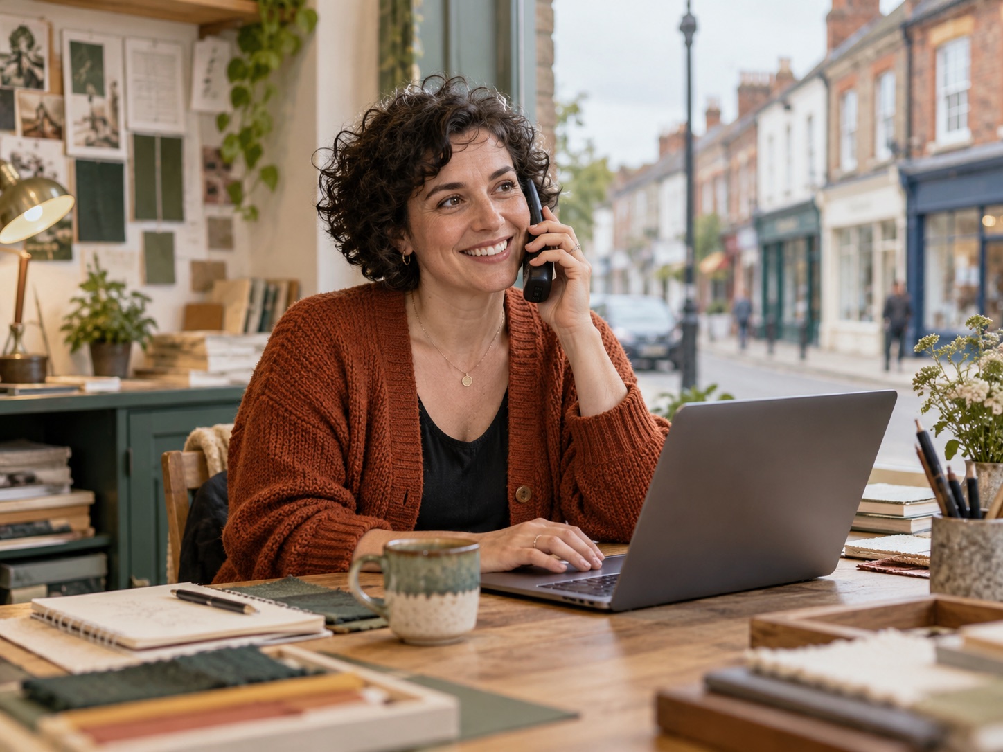 Independent design-studio owner taking a customer call beside a window overlooking a high street